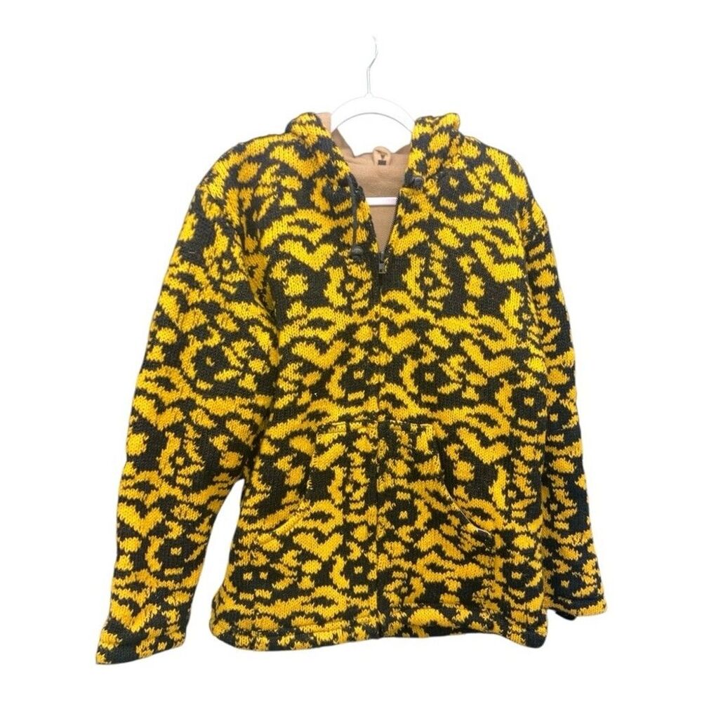 Yellow and Black Patterned Jacket with hoodie 100 % Wool UNIQUE
